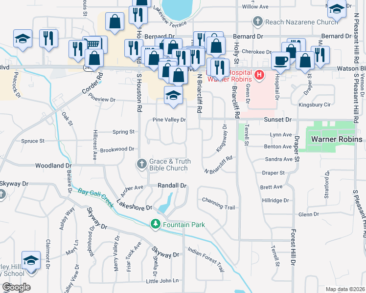 map of restaurants, bars, coffee shops, grocery stores, and more near 204 Pine Valley Drive in Warner Robins