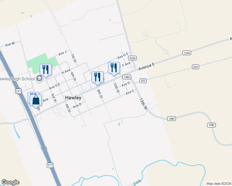 map of restaurants, bars, coffee shops, grocery stores, and more near 410 10th Street in Hawley