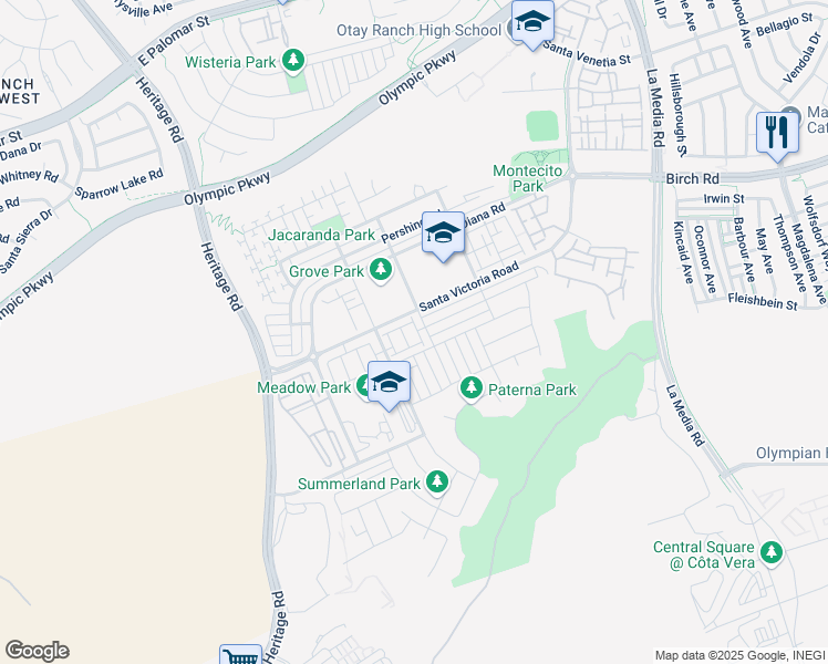 map of restaurants, bars, coffee shops, grocery stores, and more near 1336 Santa Victoria Road in Chula Vista
