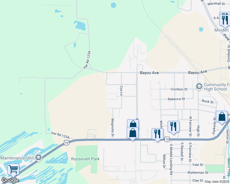 map of restaurants, bars, coffee shops, grocery stores, and more near 435 Pershing Street in Minden