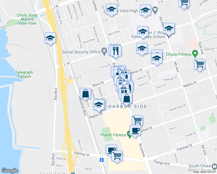 map of restaurants, bars, coffee shops, grocery stores, and more near 1025 Jefferson Avenue in Chula Vista