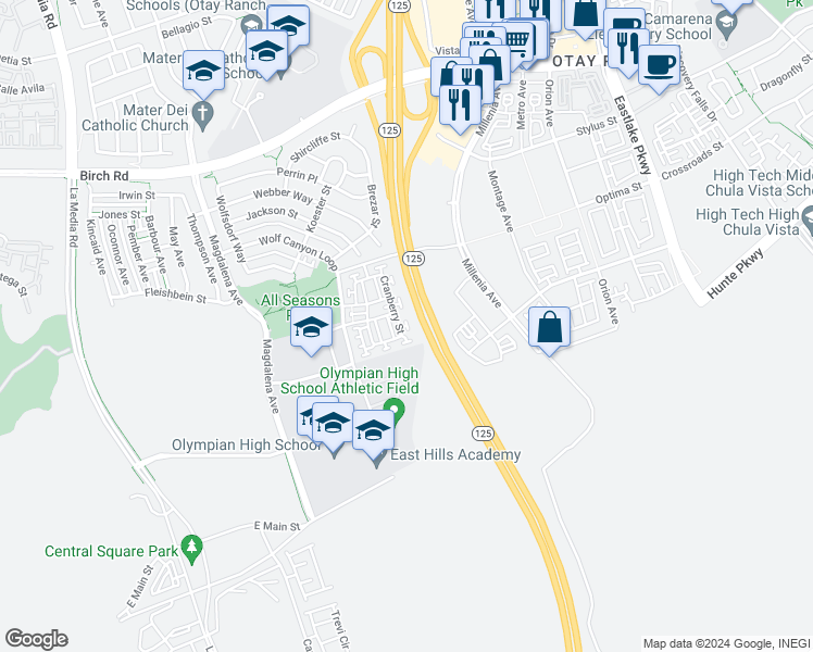 map of restaurants, bars, coffee shops, grocery stores, and more near Crimson Court in Chula Vista