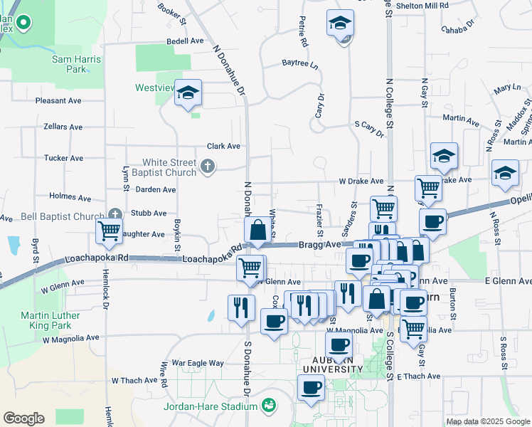 map of restaurants, bars, coffee shops, grocery stores, and more near 415 White Street in Auburn