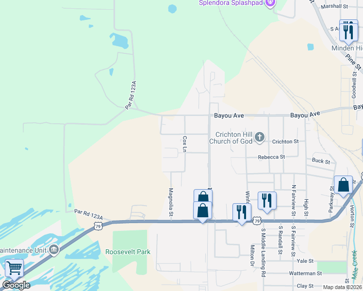 map of restaurants, bars, coffee shops, grocery stores, and more near 435 Pershing Street in Minden
