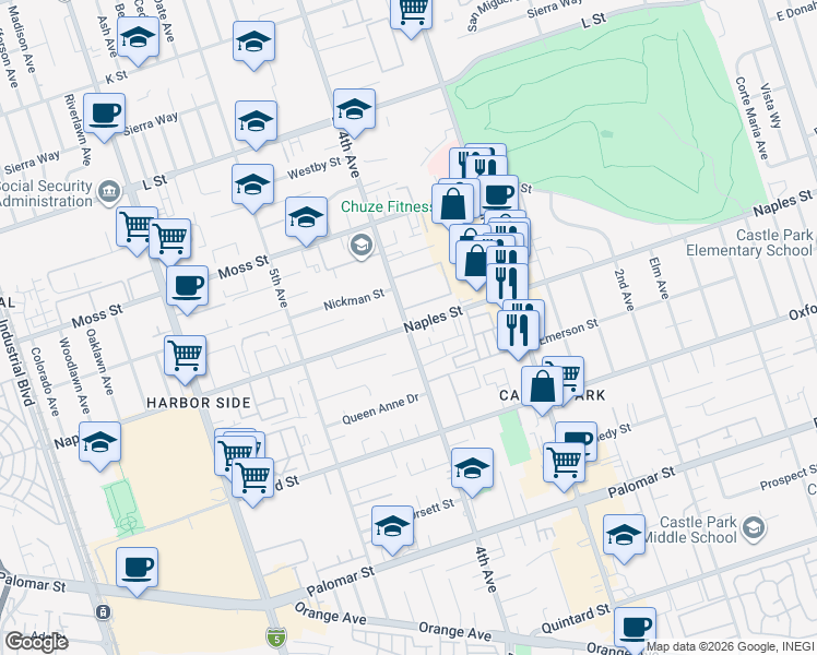 map of restaurants, bars, coffee shops, grocery stores, and more near 4th Ave & Naples St in Chula Vista