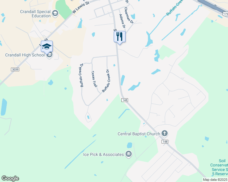 map of restaurants, bars, coffee shops, grocery stores, and more near Farm to Market 148 in Crandall