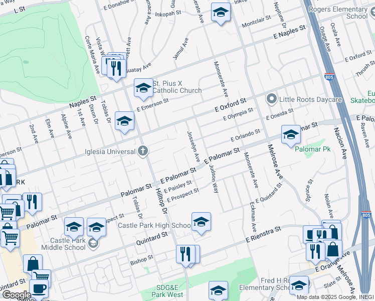 map of restaurants, bars, coffee shops, grocery stores, and more near 1261 Helix Avenue in Chula Vista