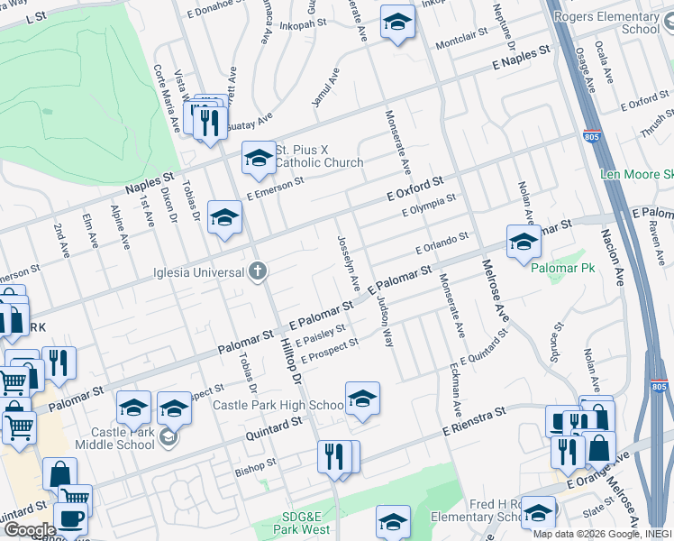 map of restaurants, bars, coffee shops, grocery stores, and more near 1261 Helix Avenue in Chula Vista