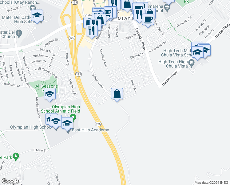 map of restaurants, bars, coffee shops, grocery stores, and more near 7 Hyde Terrace in Chula Vista