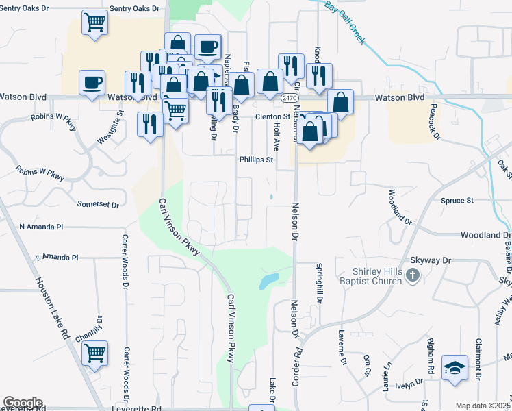 map of restaurants, bars, coffee shops, grocery stores, and more near 208 Woodland Trail in Warner Robins