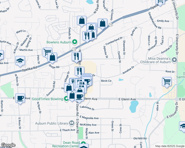 map of restaurants, bars, coffee shops, grocery stores, and more near 420 North Dean Road in Auburn