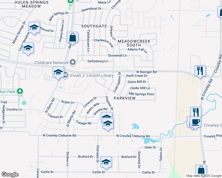 map of restaurants, bars, coffee shops, grocery stores, and more near 8837 Irish Bend Drive in Fort Worth