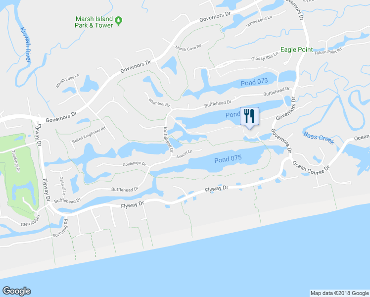 map of restaurants, bars, coffee shops, grocery stores, and more near 3 Avocet Lane in Kiawah Island