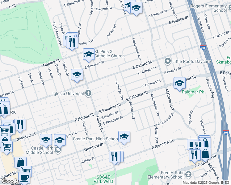 map of restaurants, bars, coffee shops, grocery stores, and more near 1261 Helix Avenue in Chula Vista