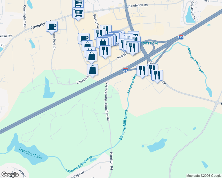 map of restaurants, bars, coffee shops, grocery stores, and more near 3110 Alumni Lane in Opelika