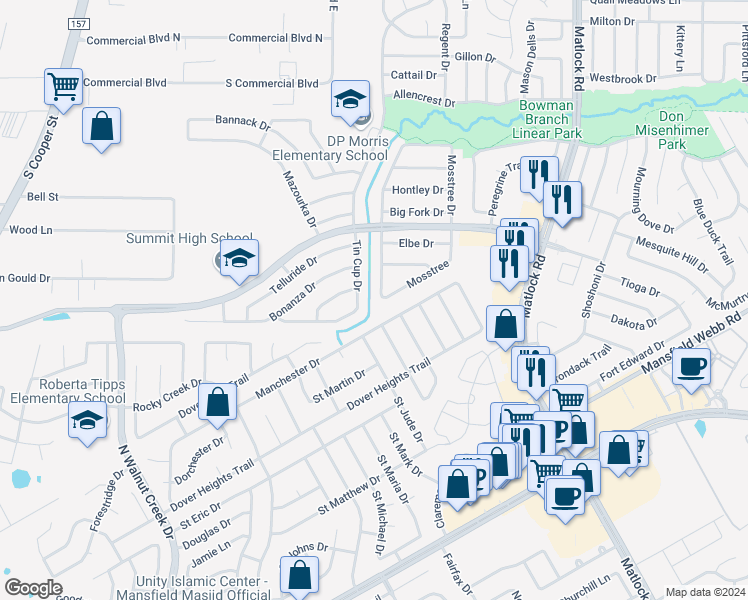 map of restaurants, bars, coffee shops, grocery stores, and more near 8128 Modesto Drive in Arlington