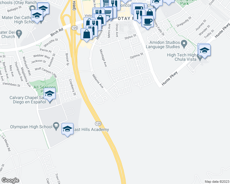 map of restaurants, bars, coffee shops, grocery stores, and more near 1826 Mint Terrace in Chula Vista