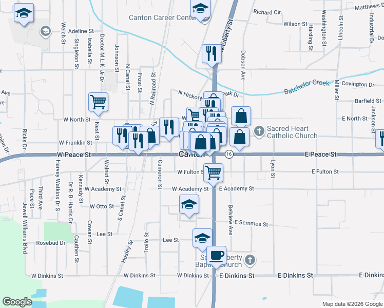 map of restaurants, bars, coffee shops, grocery stores, and more near in Canton