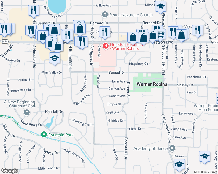 map of restaurants, bars, coffee shops, grocery stores, and more near 114 Benton Avenue in Warner Robins