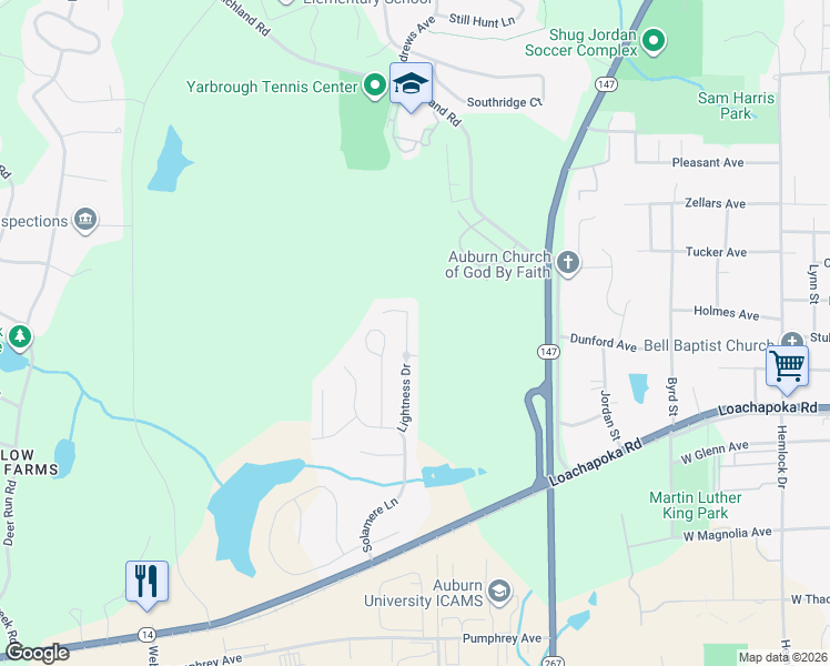 map of restaurants, bars, coffee shops, grocery stores, and more near 390 Lightness Drive in Auburn