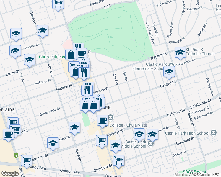 map of restaurants, bars, coffee shops, grocery stores, and more near 231 Emerson Street in Chula Vista