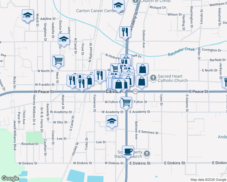 map of restaurants, bars, coffee shops, grocery stores, and more near 101 North Union Street in Canton