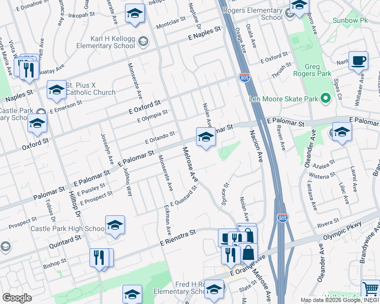 map of restaurants, bars, coffee shops, grocery stores, and more near 300 East Palomar Street in Chula Vista