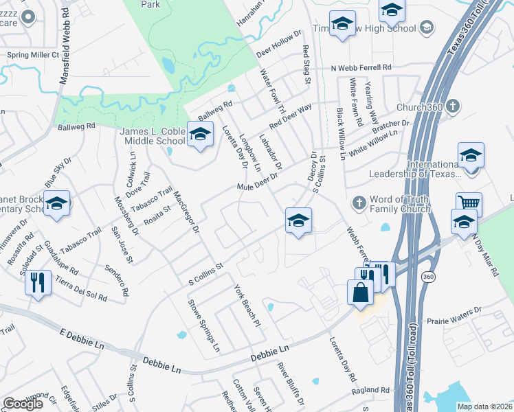 map of restaurants, bars, coffee shops, grocery stores, and more near 7808 Longbow Lane in Arlington