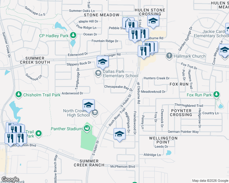 map of restaurants, bars, coffee shops, grocery stores, and more near 4501 Chesapeake Bay Drive in Fort Worth