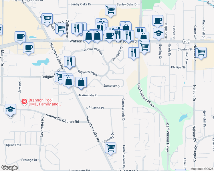 map of restaurants, bars, coffee shops, grocery stores, and more near 209 Somerset Drive in Warner Robins