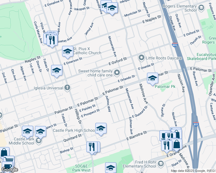 map of restaurants, bars, coffee shops, grocery stores, and more near 111 East Orlando Street in Chula Vista