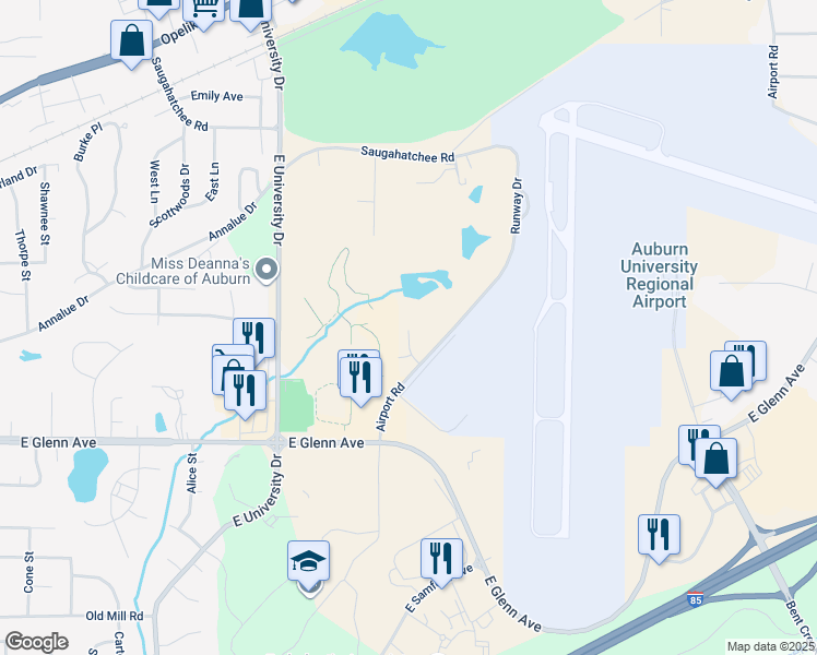 map of restaurants, bars, coffee shops, grocery stores, and more near 401 Airport Road in Auburn