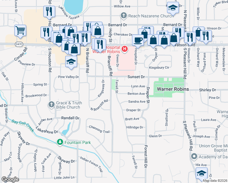 map of restaurants, bars, coffee shops, grocery stores, and more near 214 Briarcliff Road in Warner Robins