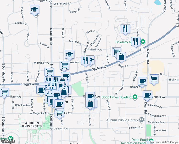 map of restaurants, bars, coffee shops, grocery stores, and more near 412 Opelika Road in Auburn