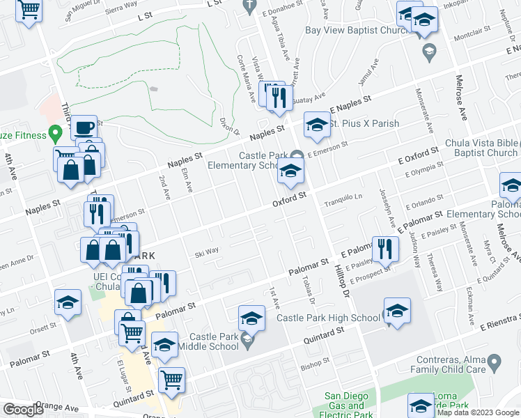 map of restaurants, bars, coffee shops, grocery stores, and more near 81 Oxford Street in Chula Vista