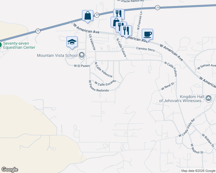 map of restaurants, bars, coffee shops, grocery stores, and more near 2085 West Calle Encanto in Oracle