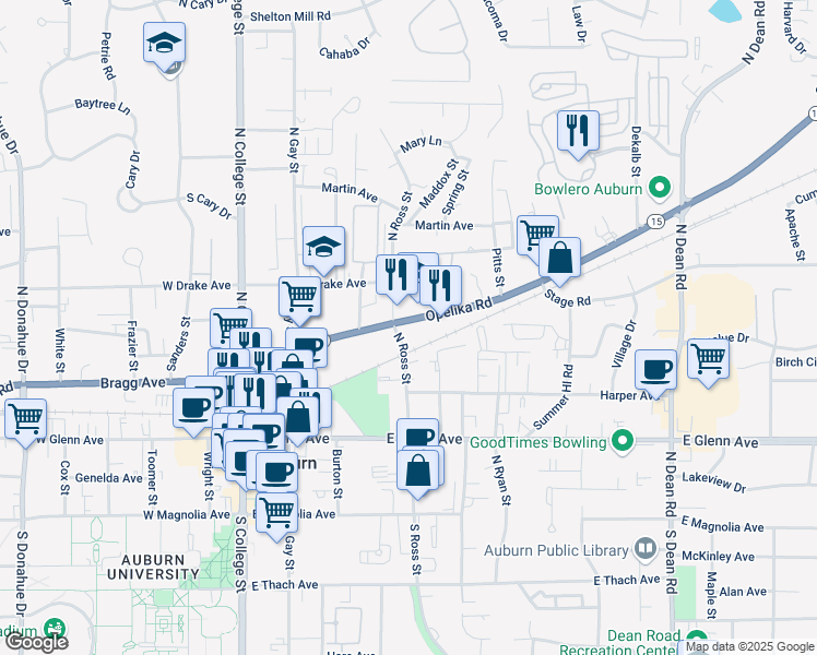map of restaurants, bars, coffee shops, grocery stores, and more near 424 Alabama 14 in Auburn
