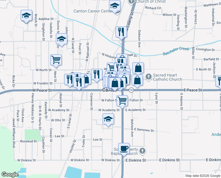 map of restaurants, bars, coffee shops, grocery stores, and more near 101 North Union Street in Canton