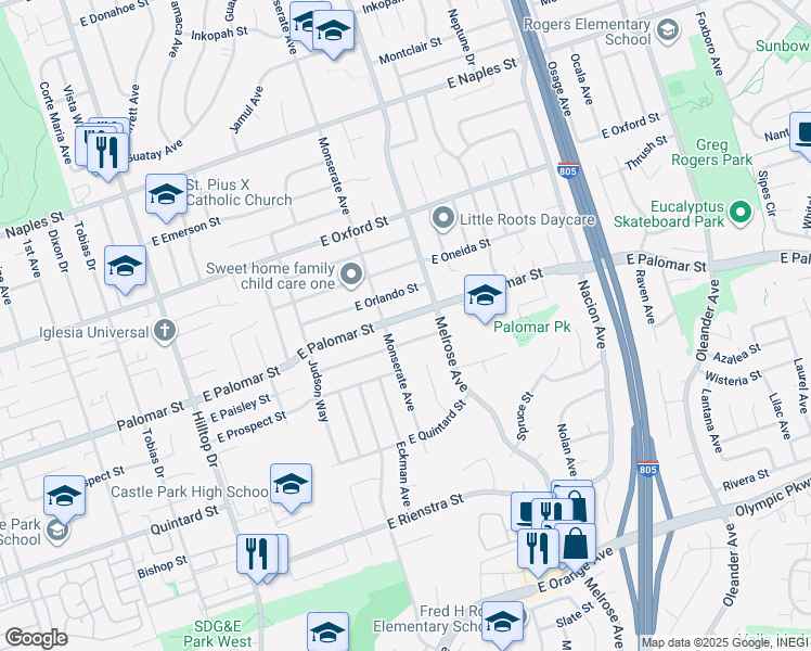 map of restaurants, bars, coffee shops, grocery stores, and more near 218 East Palomar Street in Chula Vista