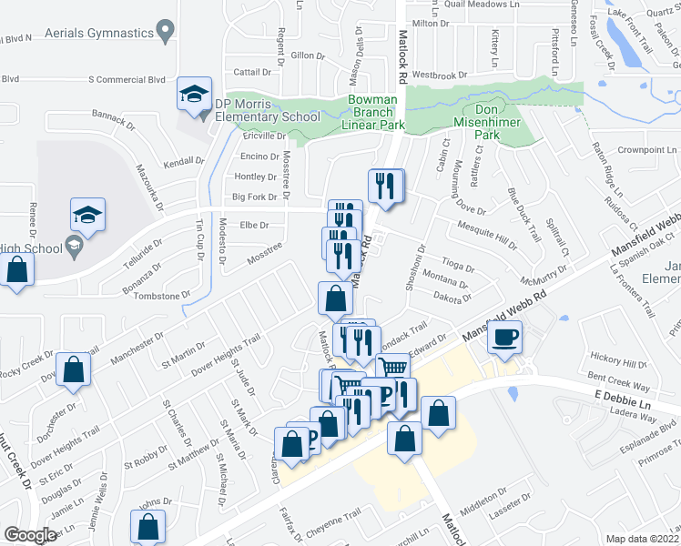 map of restaurants, bars, coffee shops, grocery stores, and more near 8130 Matlock Road in Arlington
