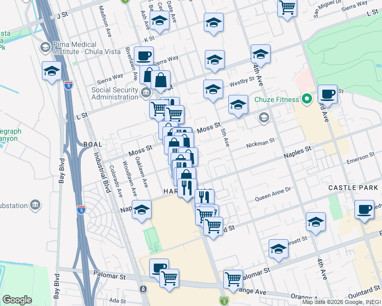 map of restaurants, bars, coffee shops, grocery stores, and more near 1025 Broadway in Chula Vista