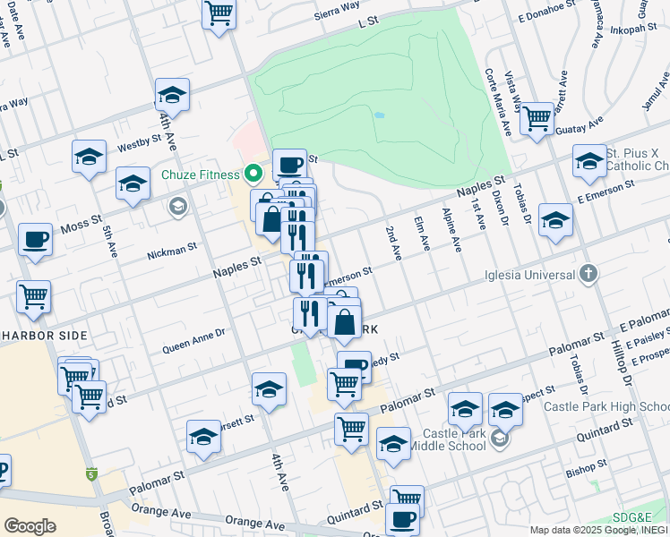 map of restaurants, bars, coffee shops, grocery stores, and more near 1130 Del Mar Avenue in Chula Vista