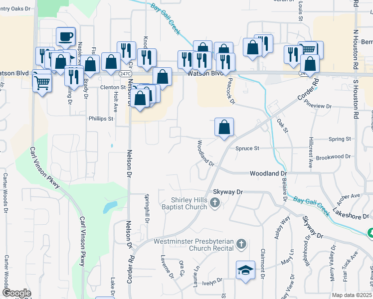 map of restaurants, bars, coffee shops, grocery stores, and more near 301 Millside Drive in Warner Robins