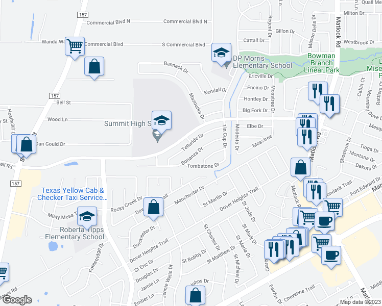 map of restaurants, bars, coffee shops, grocery stores, and more near 1019 Bonanza Drive in Arlington