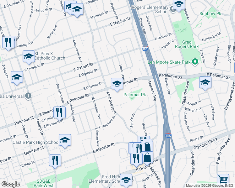 map of restaurants, bars, coffee shops, grocery stores, and more near 300 East Palomar Street in Chula Vista
