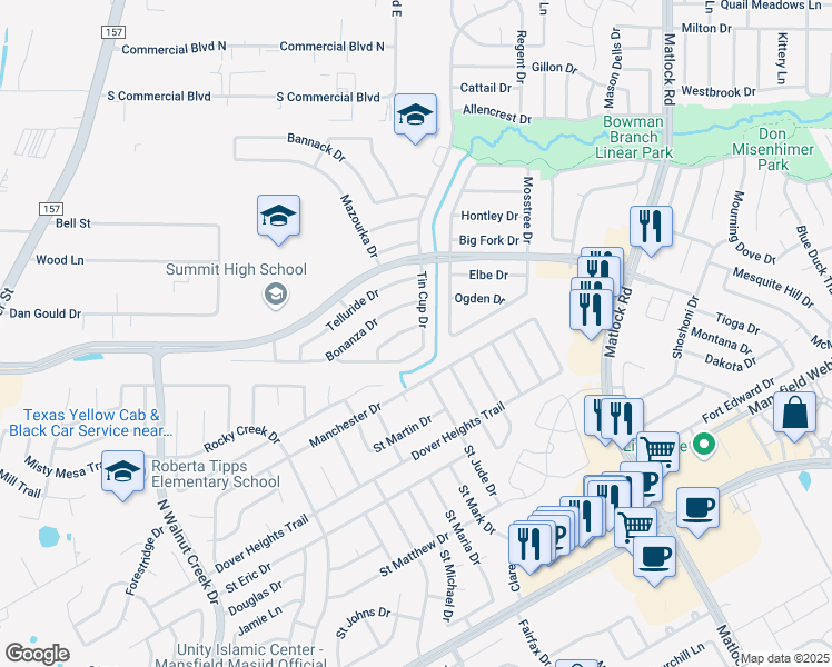 map of restaurants, bars, coffee shops, grocery stores, and more near 8126 Tin Cup Drive in Arlington