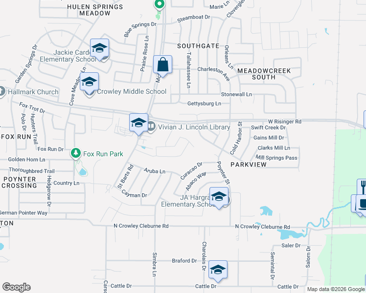 map of restaurants, bars, coffee shops, grocery stores, and more near 3212 Quiet Valley Road in Fort Worth