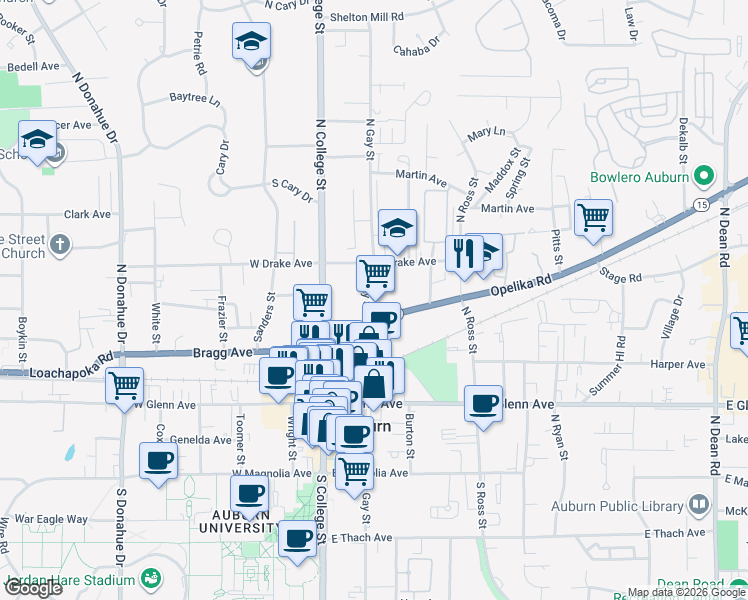 map of restaurants, bars, coffee shops, grocery stores, and more near 418 North Gay Street in Auburn