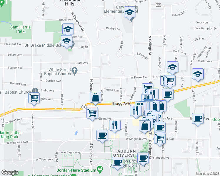 map of restaurants, bars, coffee shops, grocery stores, and more near 324 Canton Avenue in Auburn