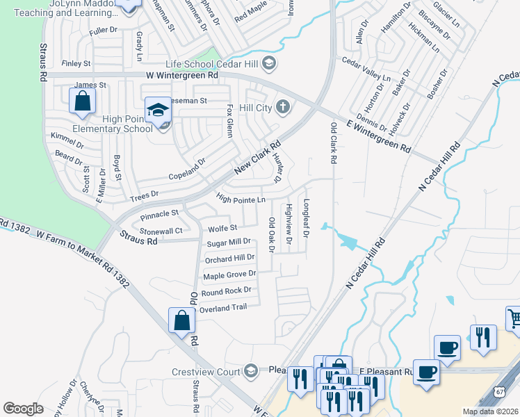 map of restaurants, bars, coffee shops, grocery stores, and more near 206 Wolfe Street in Cedar Hill